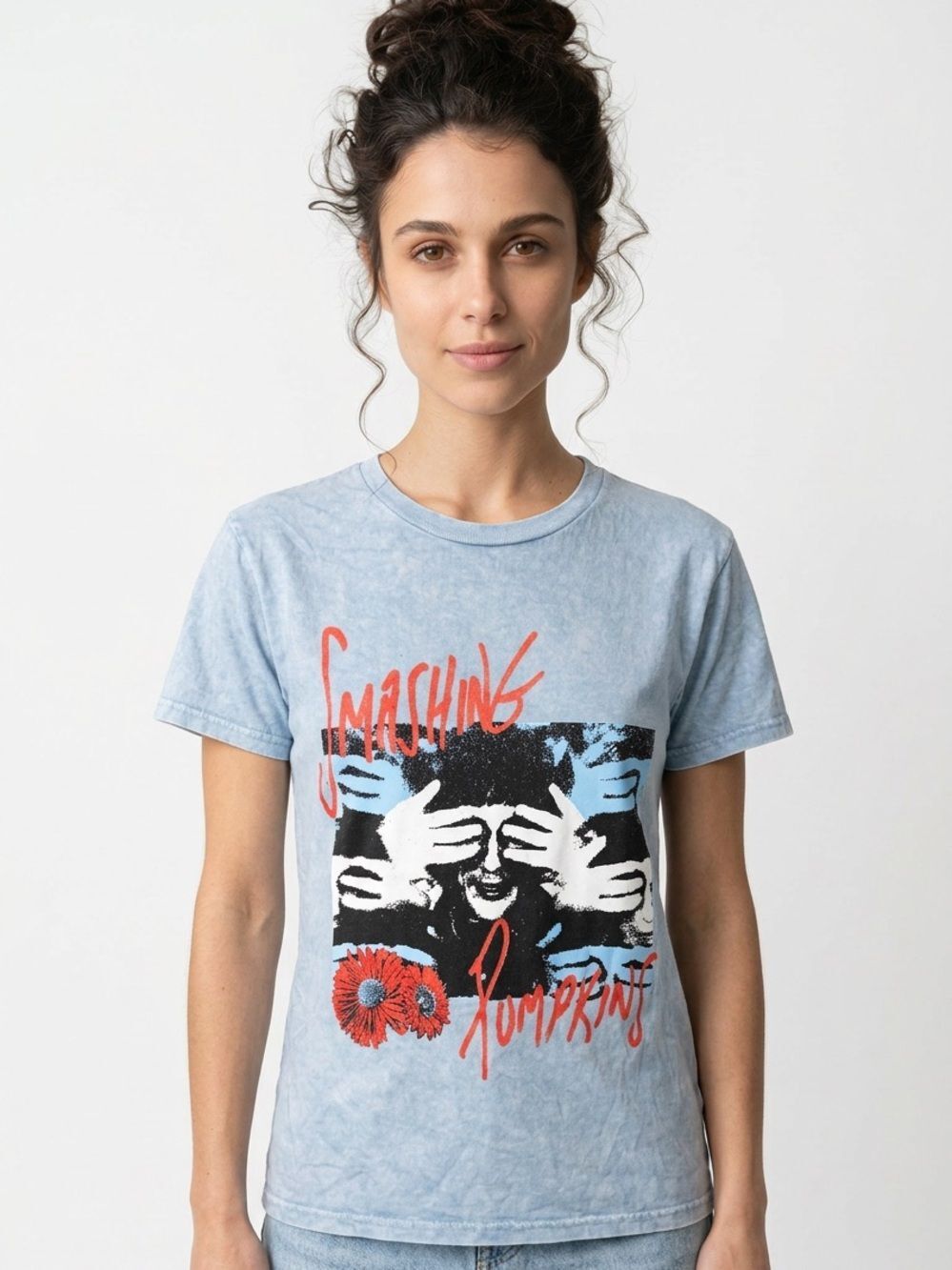 SMASHING PUMPKINS | NEW Blue Acid Wash Short Sleeve Band Tee Women’s Size Small
